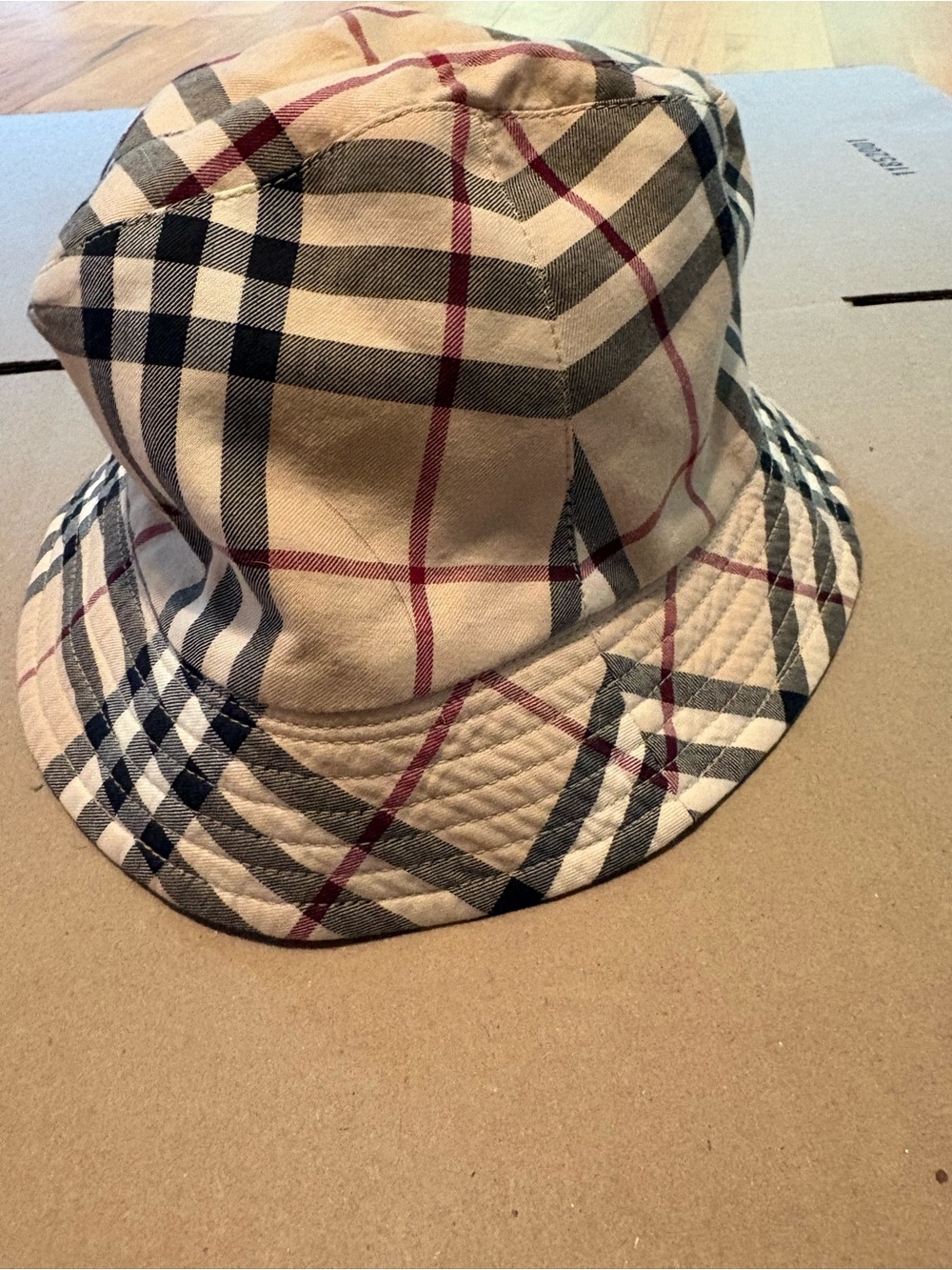 Burberry Beige Nova Check Bucket Hat with Black and Red Plaid